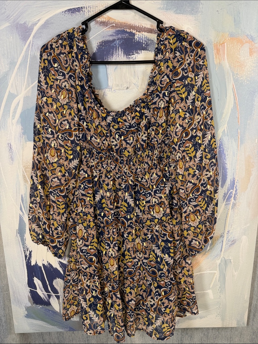 City Studio Gold Fleck Navy Paisley Ruffle Tiered Mini Dress XS Boho Long Sleeve